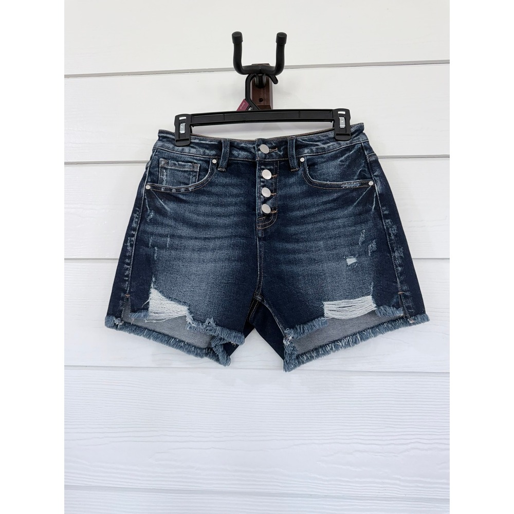 B- 52- Risen Jeans Dark Wash Distressed Button Fly Denim Shorts RDS6143 Small